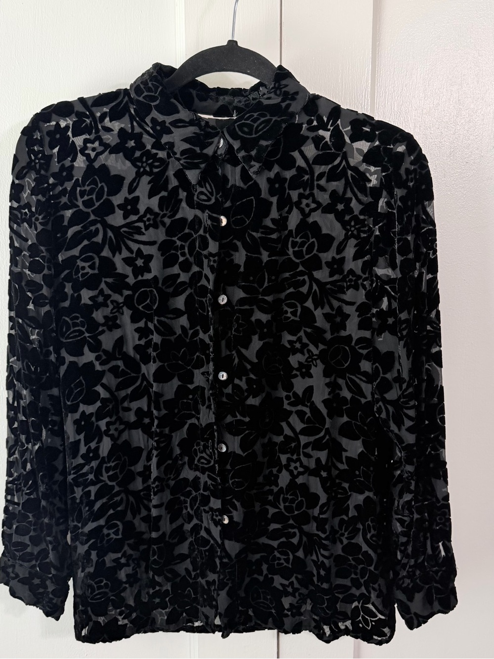 Suchada Black Velvet Floral Burnout Button-Up Blouse